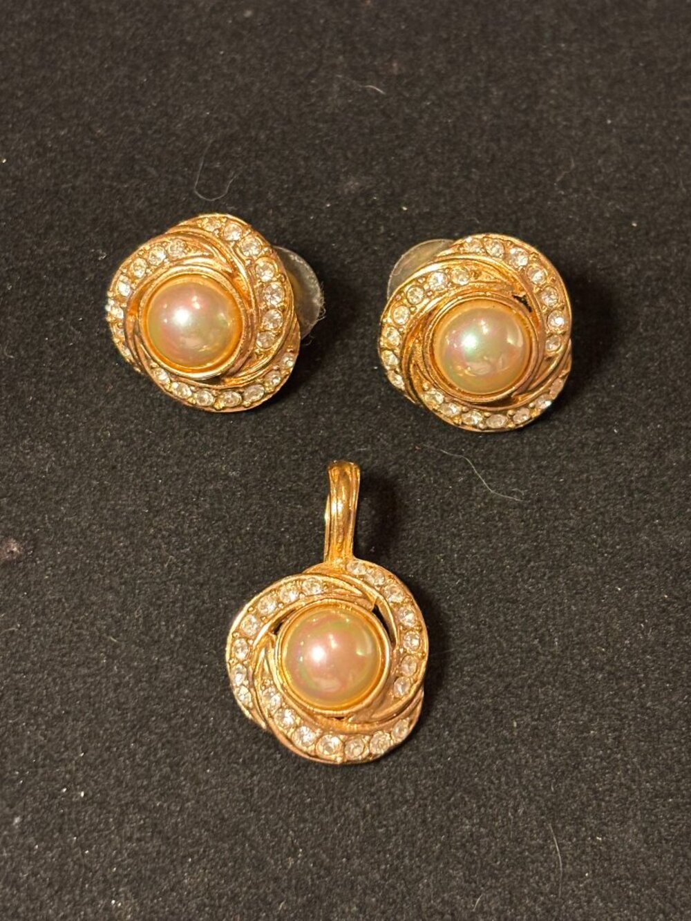 Vintage Roman Gold Tone Pearls Pave Rhinestones Pendant & Matching Earrings